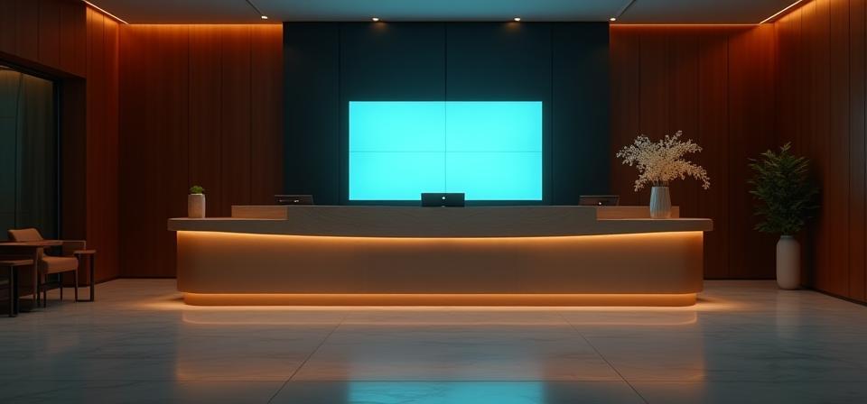 Contemporary hotel reception with digital booking signage