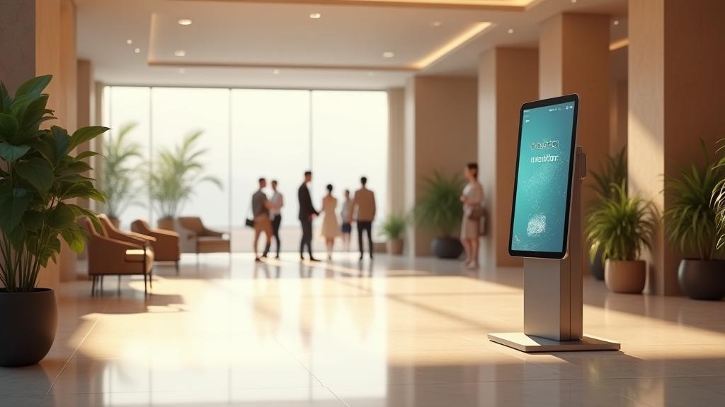 Modern Italian hotel lobby with a digital reservation kiosk